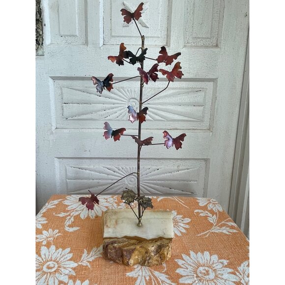 Vintage 1960's Table top Brutalist Metal Butterfly Sculpture Onyx Stone - Picture 13 of 14